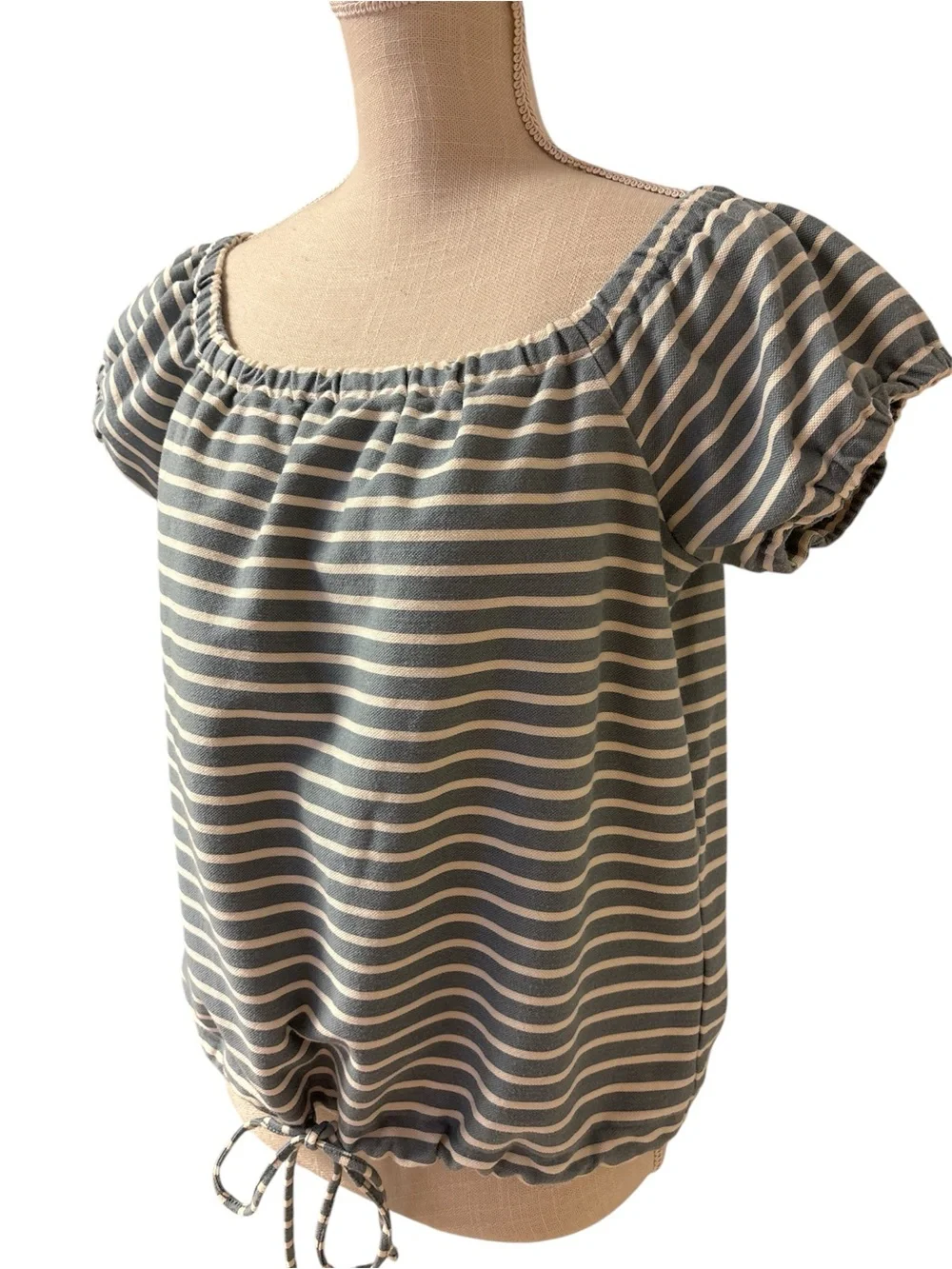 Madewell Striped Off-Shoulder Puff Sleeve Top in Blue and Cream Sz/L